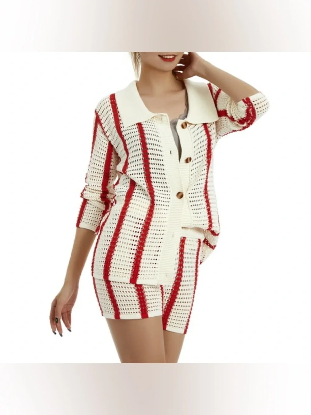Red & white striped crochet knit button cardigan & high waist short matching set